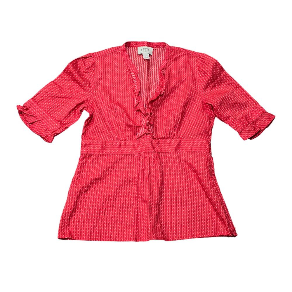 Ann Taylor Loft Red & White Polka Dot Short Sleeve Blouse V Cut & Side Zip